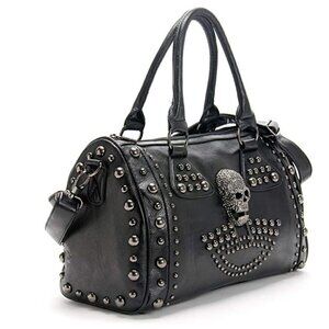 𝅺BLACK Leather Skull Handbag Large Gothic Shoulder Bag Biker Rocker Studded NWT
